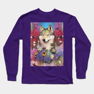 Stunning art deco painting of wolf and roses and wildflowers Long Sleeve T-Shirt